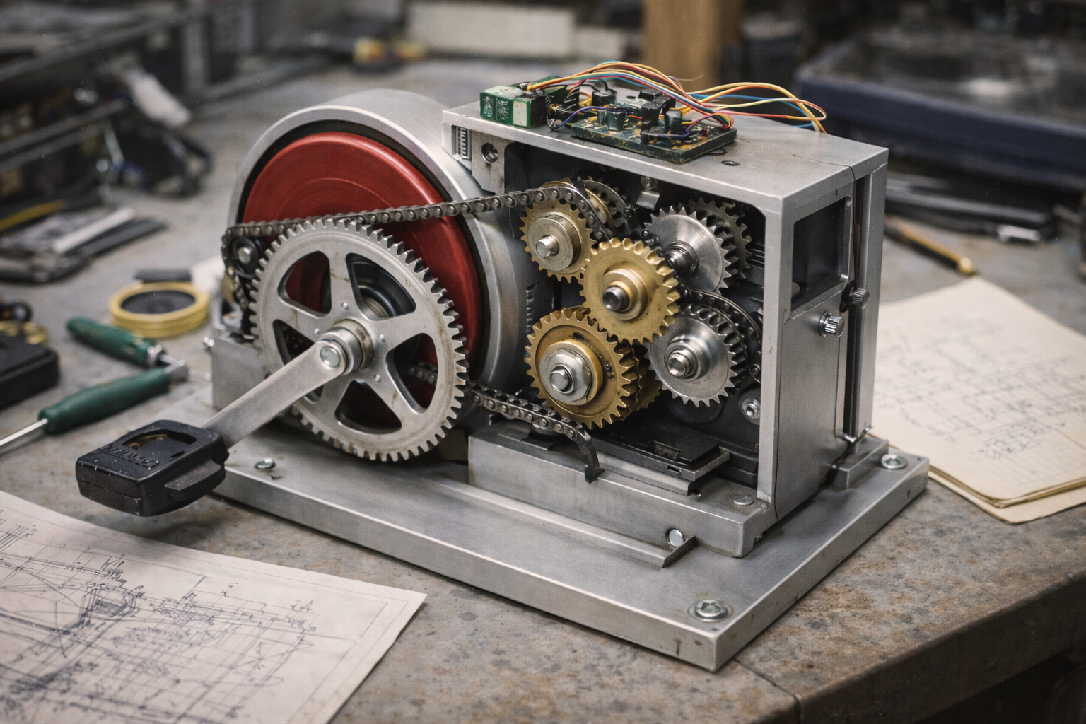 An early Vélox workshop prototype — gears, chain drive and a microcontroller on a workbench